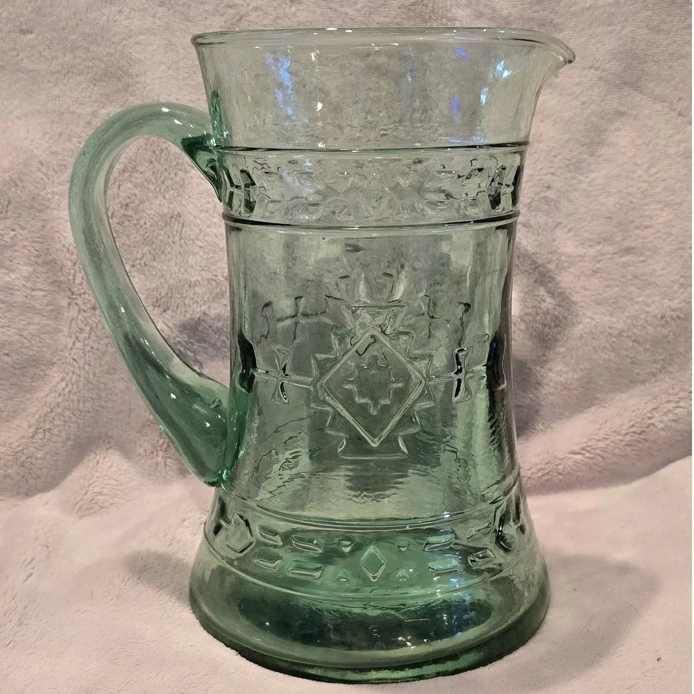 Pitcher‎ Green Glass w/ Southwestern Design Native Embossed 8